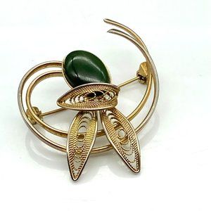 Vintage Jade Cabochon Brooch with Filigree Gold Tone, Elegant MCM Pin